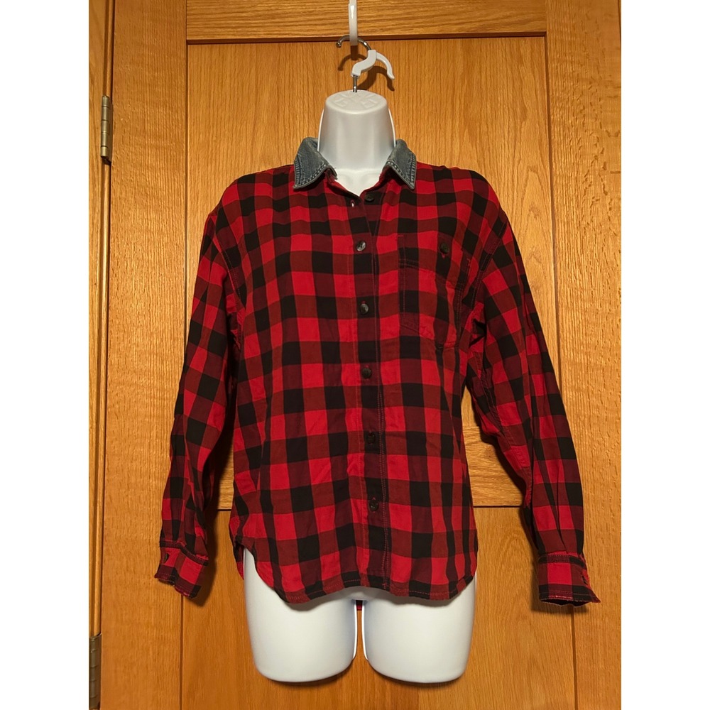 Vintage 90s Lizwear Red Black Buffalo Check Plaid Shirt Denim Collar Women S
